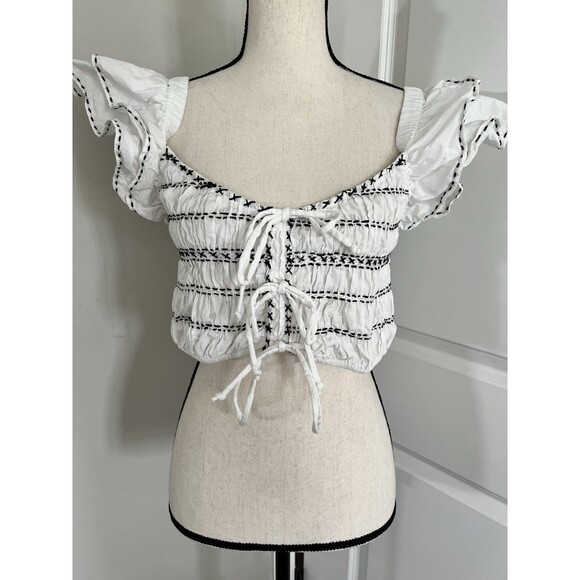 Anthropologie Smocked Crop Top White With Black Stitching Medium EUC - Picture 1 of 9